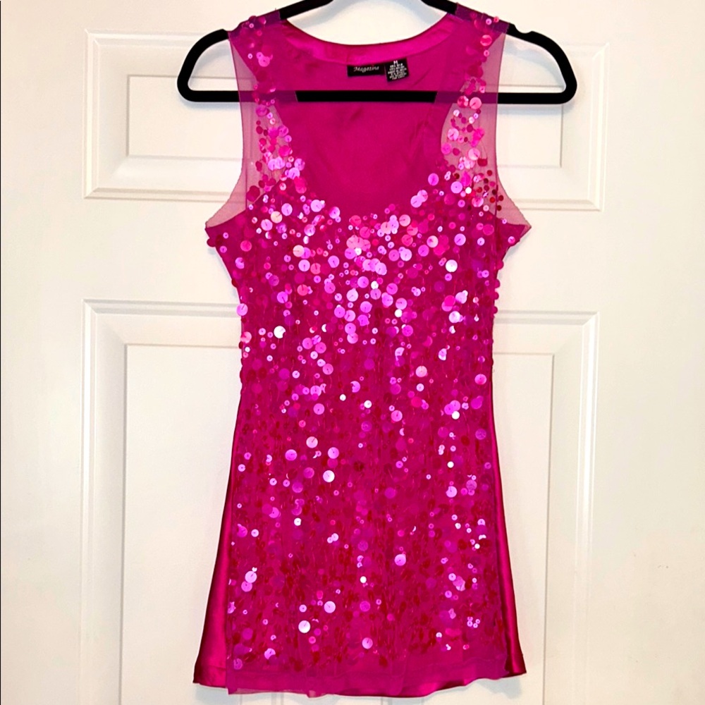 Magazine Silk Blend Sequin Sleeveless Tank Top Pink M Sheer Glam Quiet Luxury